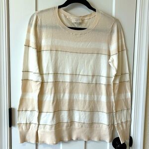 LOFT Outlet Light Cream and White striped pullover sweater with gold stripes.